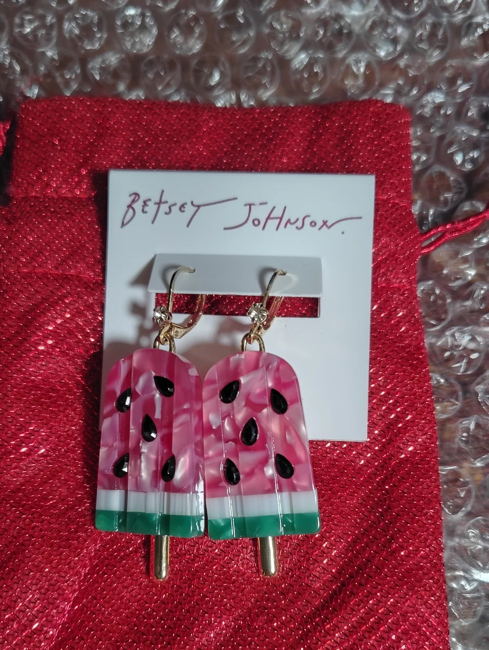 Betsey Johnson Pink Watermelon Popsicle Dangle Earrings (Gold Hooks)